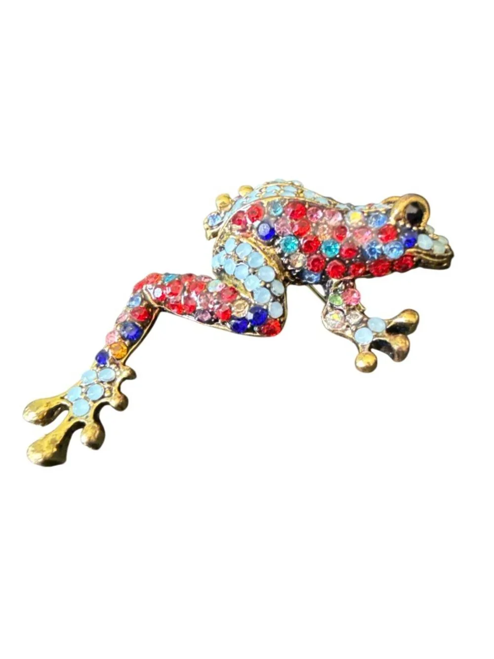 Multicolor Rhinestone Climbing Frog Brooch Gold Crystal Tree Frog Pin